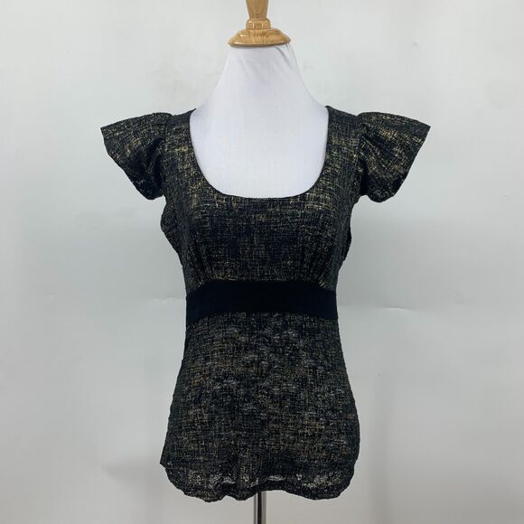 Arden B Top Womens S Lace Metallic Non Iron Scoop Neck Flutter Cap Sleeve Blouse - Picture 2 of 12